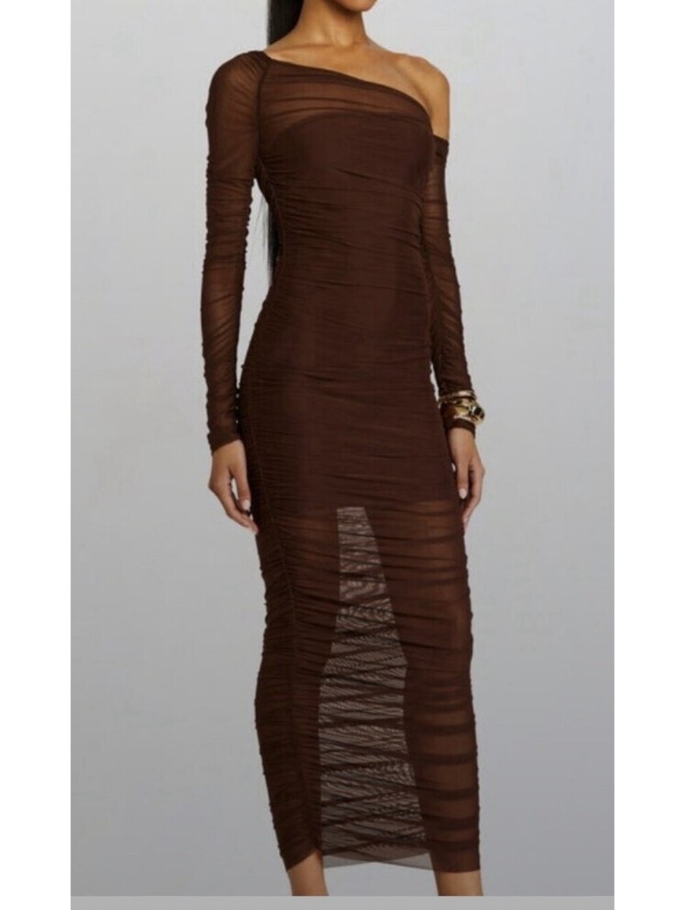Ser.O.Ya Chantae Mesh Dress in Coconut Brown Off shoulder Size Small/xs $398